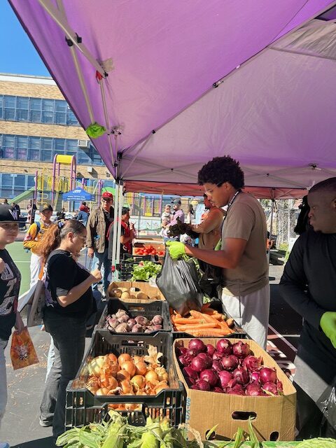 Volunteers and attendees with fresh fruit and veggies at the Fruit & Vegetable Distribution.