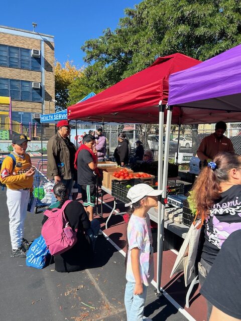 Attendees get their fresh produce and fruit at tables at the Fruit & Vegetable Distribution event.