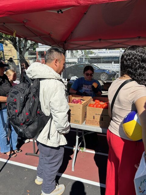 Attendees at table with fresh produce at the Fruit & Vegetable Distribution.